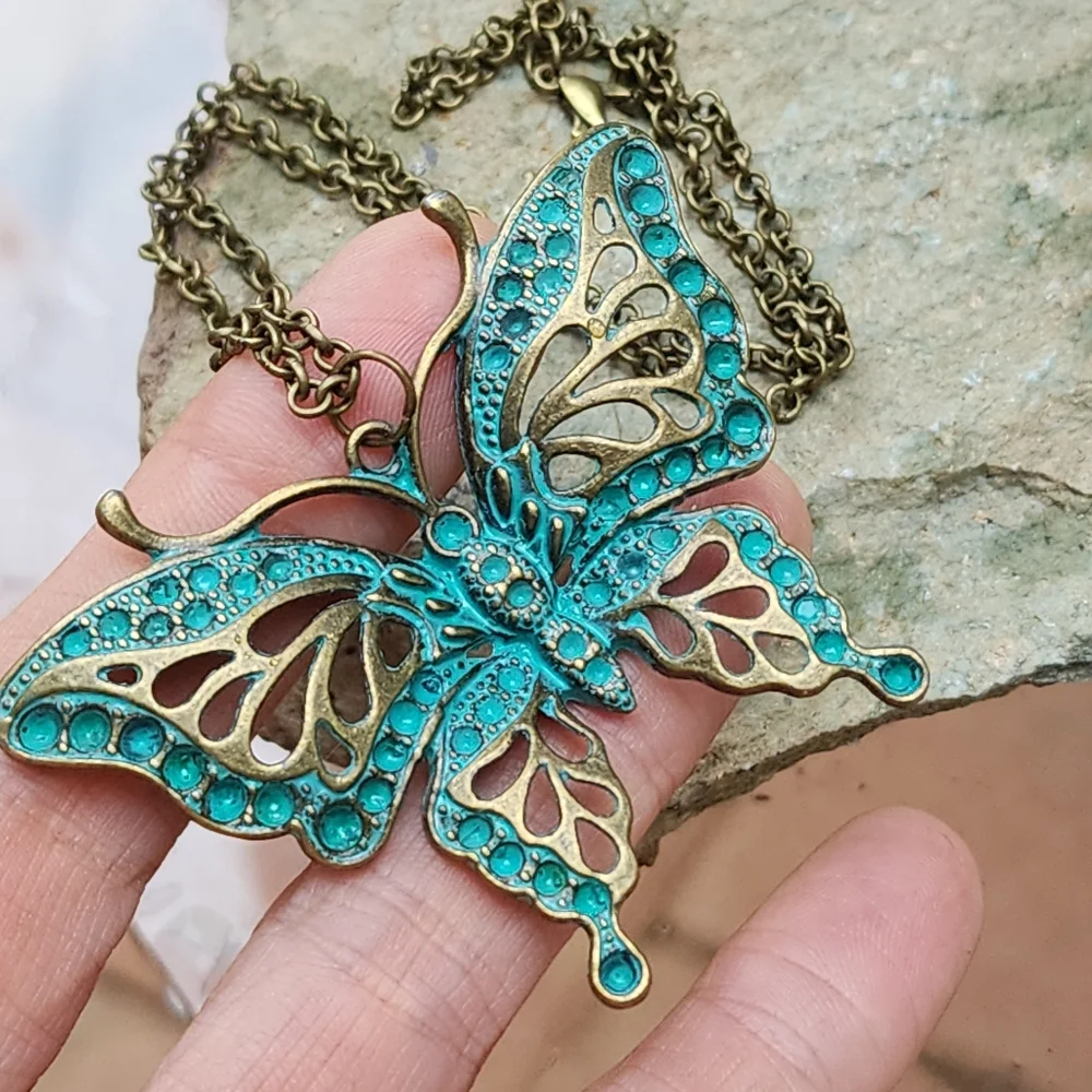 Anthro Insects Jewelry Antique Gold Bronze Butterfly Large Pendant